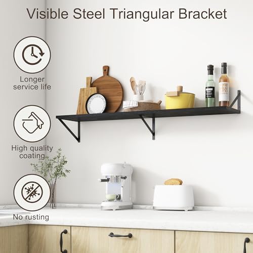 Floating Shelves 48 Inch Long, 10" Deep Floating Shelves, Black Wall Shelves 48 x 10, Set of 2, Wide Large Display Storage Shelves for Bathroom, Living Room, Rustic Wood Shelves with Brackets