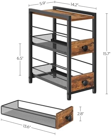 YATINEY Spice Rack, 3-Tier Pull Out Spice Rack Organizer for Countertop, Narrow Kitchen Countertop Storage Shelf with 2 Drawers, for Kitchen, Cafe, Rustic Brown and Black SR02BR