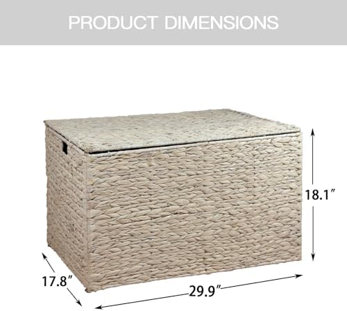 Water Hyacinth Storage Basket with Lid, 42.3 Gallon (160L) Wicker Storage Trunk with Handles, Handwoven Wicker Storage Basket for Blanket, Foldable, for Living Room, Laundry Room, White