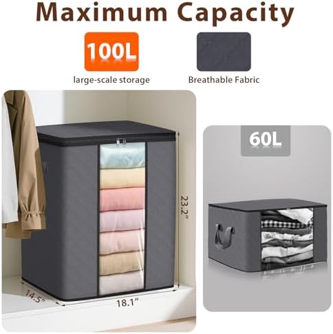 SpaceWhisper 3 Pack 100L Clothes Storage, Foldable Storage Bags, Grey