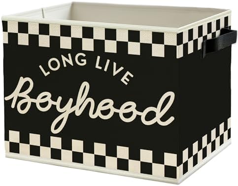 Black and White Checkered Long Live Boyhood Boys Storage Bins Box with Handles, Collapsible Basket Organizer for Kids Boy Nursery Room Bedroom Bathroom Playroom Books Clothes