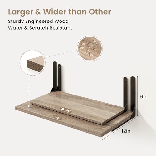 Fun Memories Floating Shelves for Wall, 12 Inch Deep Floating Shelves Set of 2, Wall Mounted Shelf with Metal Brackets, Rustic Wood Wide Shelf for Bathroom, Kitchen and Living Room, Grey, 32W x 12D
