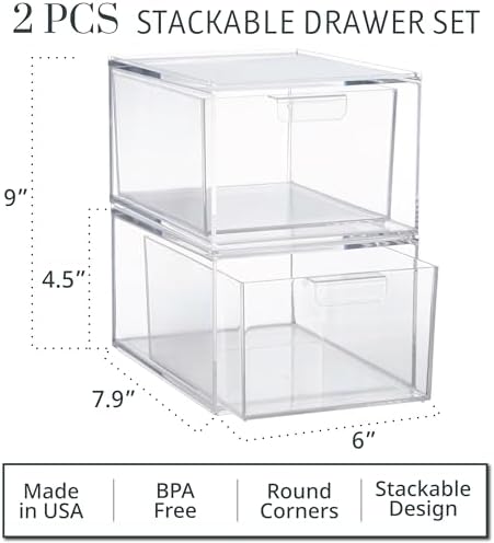 STORi Audrey Stackable Clear Bin Plastic Organizer Drawers | 2 Piece Set | Organize Cosmetics and Beauty Supplies on a Vanity | Made in USA (Pack of 3)