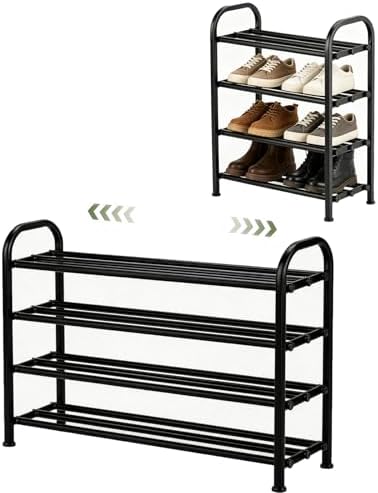 4-Tier Expandable Shoe Rack, Stackable and Adjustable Shoes Organizer Storage Shelf, Sturdy and Durable Metal Structure Free Standing Shoe Rack for Closet Entryway Doorway
