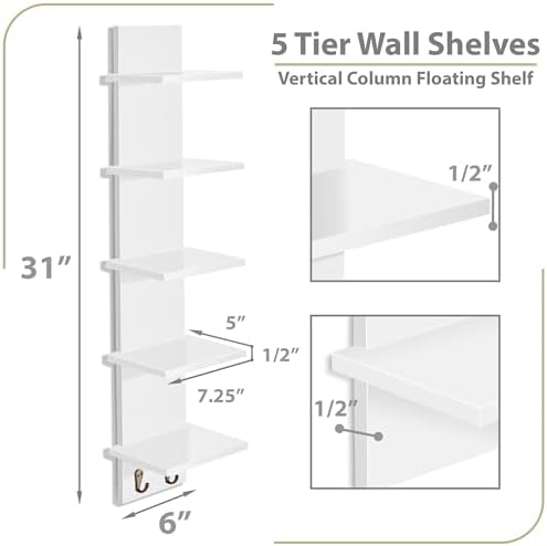 Sorbus 5-Tier Floating Wall Shelf with Hooks, 31 Inch (1 Pack, White) | Vertical five-level utility organization for kitchens, bedrooms and bathrooms; holds towels and mounted essentials.