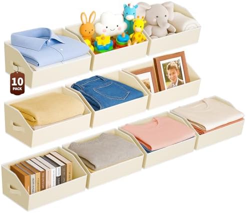 Homsorout Large Closet Organizers and Storage Bins - 10 Pack Trapezoid Storage Baskets for Shelves, Foldable Fabric Basket with Handles Ideal for Closet, Basket, Wardrobe and Shelf Storage, Beige