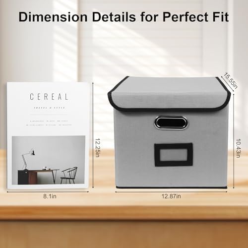 File Storage Box with Lid, 15.55x12.87x10.43 Inches, Foldable Organizer with Handles & Label Slot, for File Storage, Home, Office, and Closet Organization(2 Packs, Grey)