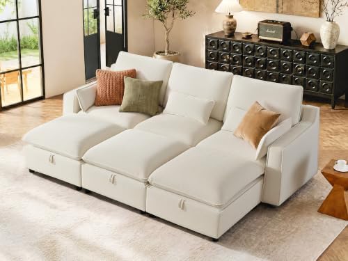 WorthFurni Modern Modular Sectional Sofa,103" Sleeper Sofa Bed Minimalist Couch with Storage Ottoman,Comfty 6 Seat Sofa for Living Room,Beige Chenille