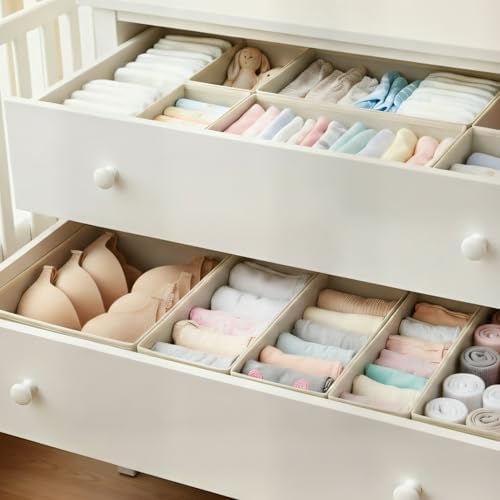 Drawer Organizer Set 4 Pack - Foldable Fabric Storage Bins with Zipper Bottom for Underwear Socks Bras Baby Clothes - Closet Dresser Organizers Dividers for Bedroom Nursery, Beige