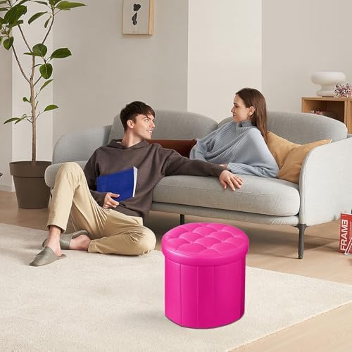 Bsketa Round Storage Ottoman, 14" Folding Leather Foot Stool Rest,Rose Red | Round Leather Poufs with Thicker Foam Padded Seat, Living Room, Bedroom, Dorm, Entryway, Easy to install,14 x 14 x 13in