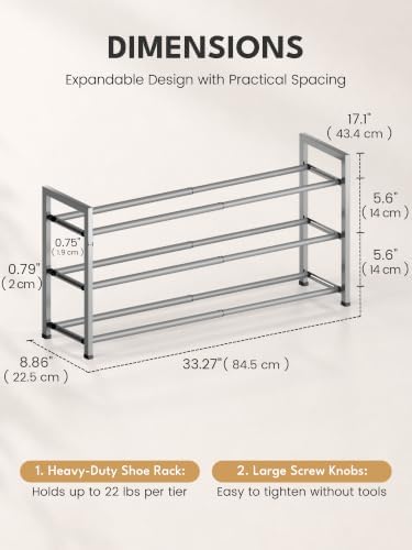 Bumusty 3 Tier Expandable Shoe Rack for Closet, Light Grey