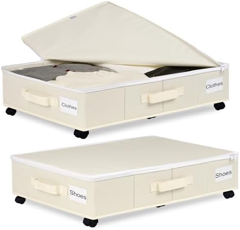 Vincona Under Bed Storage with Wheels, 2 Pack Under Bed Storage Containers with Label Holders for Clothes, Shoes and Blankets, Rolling Underbed Shoe Organizer with Cover, Beige (30.71x15.7x7.28 in)