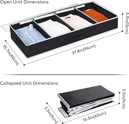 Lifewit Under Bed Clothes Organizer Large Adjustable Dividers Storage Bag with Durable Fabric, Reinforced Handle, 4 Clear Window for Clothing, Shoes, Blankets, Sweaters, Black, 2 Pack