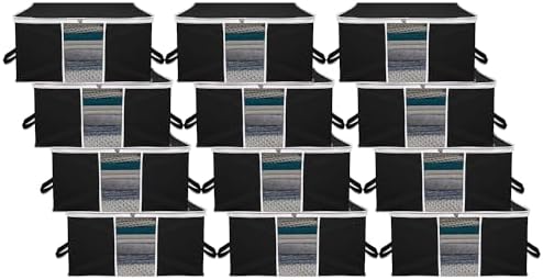 Kuber Industries 12 Piece Under Bed Foldable Organizer|Clothing Storage Bags|Blanket, Quilt, Comforter Cover (Black)