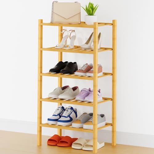 Smiry Bamboo Shoe Rack, 8 Vertical Slats, 5 Tier - 17.3" Wide, Natural