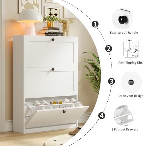 VOWNER Shoe Storage Cabinet with 3 Flip Drawers, Freestanding Shoe Cabinet with Adjustable Shelf & Anti-Tipping Device, Slim Shoe Rack for Entryway, Hallway, Living Room, White (White)