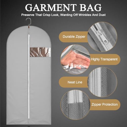 62Inch Garment Bags Covers,Black Hanging Clothes Bag, Suit Cover Bags with Clear Window for Hanging Closet Clothes Storage and Travel (Gray, 62 inch)