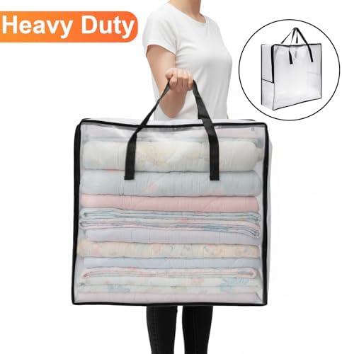 Fasmov 4 Pack Oversized Clear Storage Bag with Handles and Zippers, Vinyl Storage Bag for Comforter, Blanket, Bedding, Duvet, Transparent Moving Tote, Under the Bed Storage, Garage Organizer