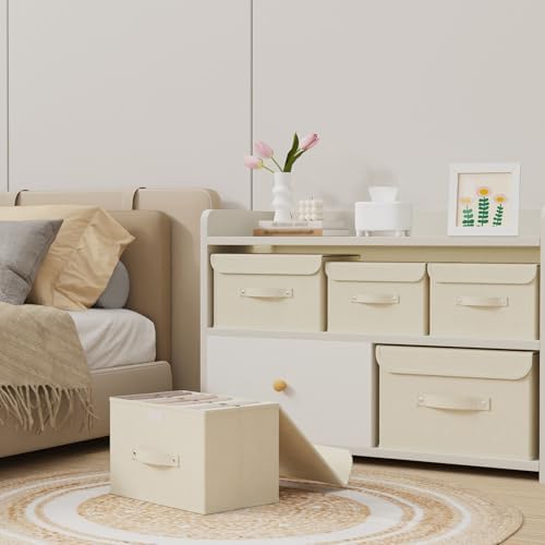 Cloth Storage Baskets with Handles,Beige 15x9.8x9.8in,5 Pack | Storage Boxes with Flip-Top Lids,Washable PP Panel Cube Drawer Organizers,Collapsible Underwear Divider Bins for Home