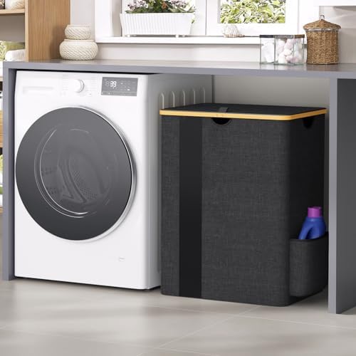 BlissTotes 150L Laundry Basket Hamper with Lid & Removable Bag,Dark Grey