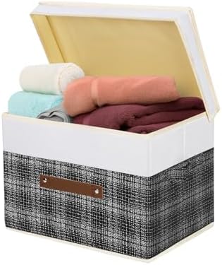 TYEERS Collapsible Storage Bins with Lids, Patchwork Design, Washable, Fabric Storage Boxes, 14.9x9.8x9.8 inches, 3 Pack, Black