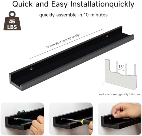 Fun Memories Picture Ledge Shelf, 24 Inch Floating Shelves Set of 2, Nursery Book Shelves for Toys Storage, Kids Bookshelf Wall Mounted for Wall Decor Books Photo Frames, Black