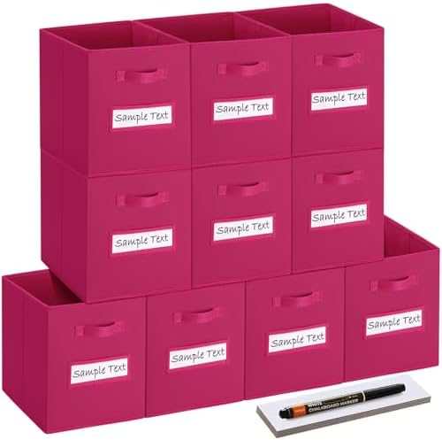 13x13 storage cube bins (Set of 10) Foldable Fabric storage cubes with 10 Labels Window Cards & a Pen,13 inch cube storage bins,Closet Organizers for Shelves,Cubby Organizer Boxes,Dark pink