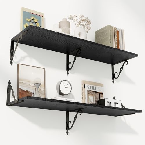 RICHFOCUS 12 Inch Deep Floating Shelves for Wall, 39" W x 12" D Black Wood Wall Shelves Set of 2, Wide Floating Shelves for Living Room, Bedroom, Kitchen, Bathroom and Decor Storage, Black