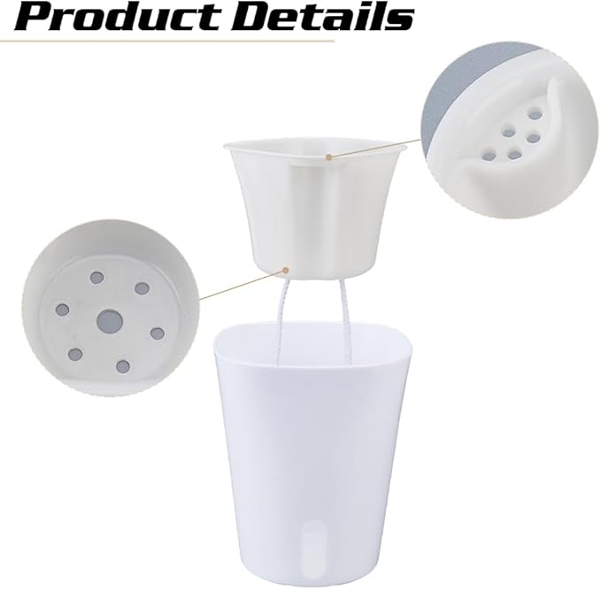 6 Kits Self Watering Pots for Indoor Plants, 4.93inch White Plastic Self Watering Planters for Herbs Succulents, Garden Decorative Flower Pots with Water Visual Window, Water-Absorbing Rope