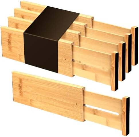 Utoplike Bamboo Drawer Organizer, 4" H Dresser Drawers Dividers for Clothes | Adjustable Deep Drawers Organizers for Clothing, Silverware, in Kitchen, Bathroom, Bedroom Drawer, Fit 14"-16" Drawers