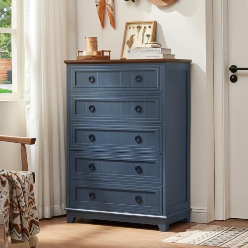 Joaxswe Farmhouse 5 Drawer Dresser for Bedroom Set of 2, 42" Tall Small Dressers & Chest of Drawers, Rustic Wood Dresser with Metal Handle, Storage Organizer Closet for Living Room, Hallway,Entryway | Chest of Drawers, Rustic Wood Dresser with Metal Ha...