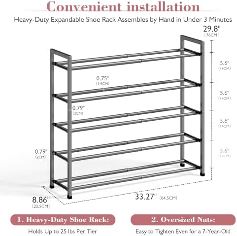 Bumusty 5 Tier Expandable Shoe Rack for Closet, Grey