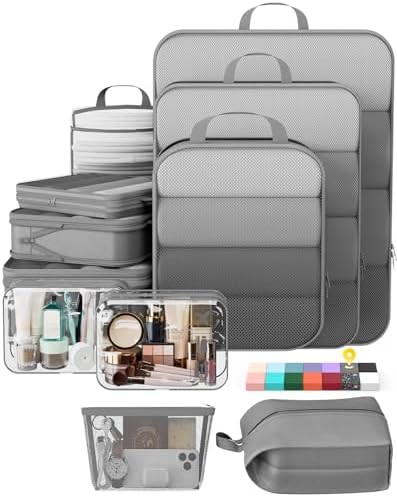 Veken 11 Set Compression Packing Cubes Garment Bags for Travel Essentials,Compressible Expandable Luggage Organizer Bags for Clothing,Space Saver Bags with Over 1000 pcs of Mesh Holes(Gray)