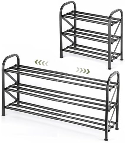 3 Tier Expandable Shoe Rack for Closet, Adjustable Small Shoe Organizer Storage, Heavy Metal Free Standing Narrow Shoe Racks for Entryway, Garage, Doorway Black 16"-33"