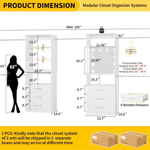 Closet System with 6 Drawers & Mirror, 4-12FT Closet Organizer System with 6 Shelves, 5 Hanging Rods & Light, Modular Custom Closet System Kit for Walk in Closet, 2 Sets, White