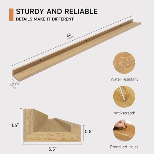 Fun Memories Picture Ledge Shelf for Wall, Floating Shelves Set of 4, 48 Inch Long Nursery Book Shelves for Toys Storage, Kids Bookshelf Wall Mounted for Books Photo Frames, Oak