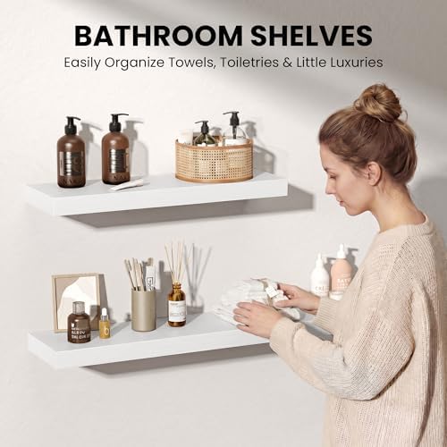 Floating Shelves for Wall, 66 Inch Floating Shelves Set of 2, Wall Mounted Rustic Wood Shelf for Bathroom, Living Room, Bedroom and Kitchen, Hanging Shelf for Storage, Books, Home Decor, White