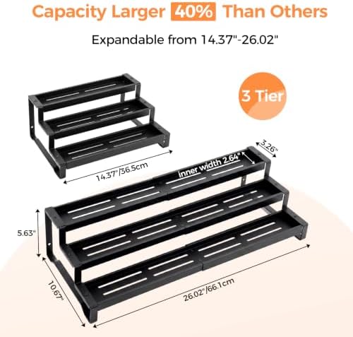 Spice Rack Organizer for Cabinet, 3-Tier Expandable 14.37"–26.02" Seasoning Organizer Shelf – Sturdy Metal Spicy Shelf for Jar & Bottle Storage in Kitchen Cabinet & Pantry, Black