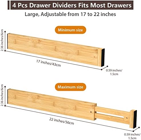DUCOO 4 PCS Drawer Divider, 17"-22" Adjustable Bamboo Drawer Dividers Organizers, Expandable Separators for Kitchen, Clothes, Dressers, Home, Office