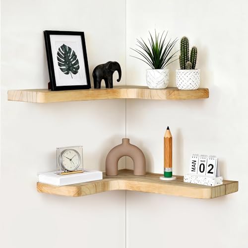 Floating Corner Shelves, Wall Shelf Set of 2, Shelves for Wall Storage, Solid Wood Shelves for Storage, Wall Mount Wooden Display Shelf for Bathroom Bedroom Kitchen Garage (Light 2pcs)
