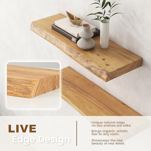 Venusmiles Live Edge Elm Floating Shelves for Wall Decor, Rustic Solid Wood Shevles Wall Mounted with Invisible Bracket for Living Room Bathroom Bedroom Kitchen, 22.5 Inch Set of 2, Natural