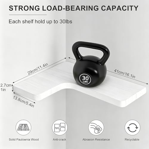 Floating Corner Shelves, Wall Shelf Set of 3, Shelves for Wall Storage, Solid Wood Shelves for Storage, Wall Mount Wooden Display Shelf for Bathroom Bedroom Kitchen Garage (White 3 Pcs)
