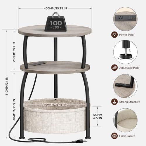 Round Side Table with Charging Station, USB Type C Port, Greige | End Table with Power Outlet and Basket, Space Saving, 3-Tier Nightstand, Corner Stand, for Living Room, Bedroom, Patio