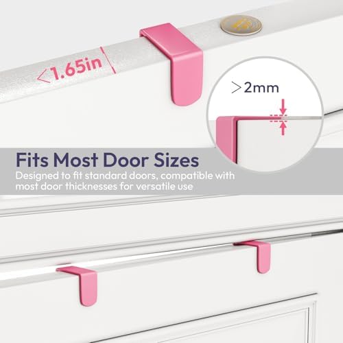 SWTYMIKI Over The Door Hook with 16 Hooks & Mesh Baskets - Heavy Duty Over The Door Organizer Hanger for Towels, Coats, Clothes - Space Saving Hanging Rack for Bathroom, Living Room, Pink