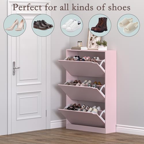 BORNOON Shoe Cabinet with 3 Flip Drawers, Hidden Wood Shoe Cabinet,Freestanding Shoe Storage Cabinet for Entryway Hallway.White. 47.2" H*31.5" W*9.45" D (Pink)