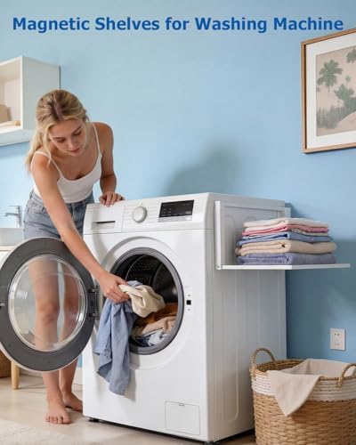 Magnetic Laundry Shelf, 24-Inch Adjustable Washer Storage Rack, White | No-drill installation attaches in seconds without tools or wall damage, ideal for renters, apartments, dorms and RVs