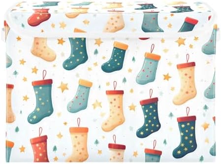 Large Storage Bins with Linen Christmas Colorful Stockings Collapsible Foldable Storage Cubes Fabric Closet Organizer Containers box with Flip-Top Lid for Home Bedroom Office 16.7 x 12.6 x 11.8in