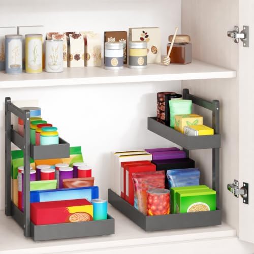 Bamboo Under Sink Organizer 2 Pack, 2-Tier Pull Out Cabinet Organizer