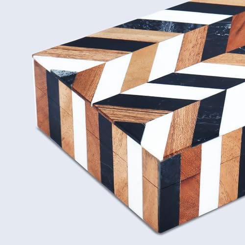 Handicrafts Home Small Decorative Storage Box with Lid Wooden Jewelry Box Trinket Box for Shelf Decor – Natural Wood Resin Inlay Marquet Cosmo Collection- 5x7x1.5