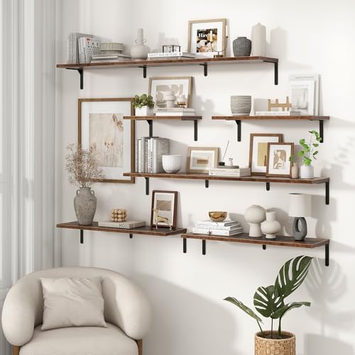 Fun Memories Deep Floating Shelves, 16W x 8D Floating Shelves Set of 2, Wall Mounted Shelf with Metal Brackets, Rustic Wood Wall Shelf for Bathroom, Kitchen and Living Room, Rustic Brown